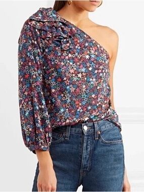 J. Crew| NEW ‘Jacuzzi’ One-Shoulder Black Multicolour Star Print Blouse Sz 0 NWT